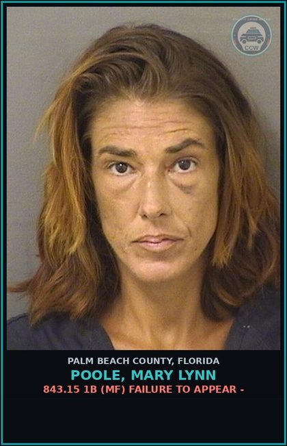 CCW arrest card for POOLE, MARY LYNN in Palm Beach County: 843.15 1B (MF) FAILURE TO APPEAR -
