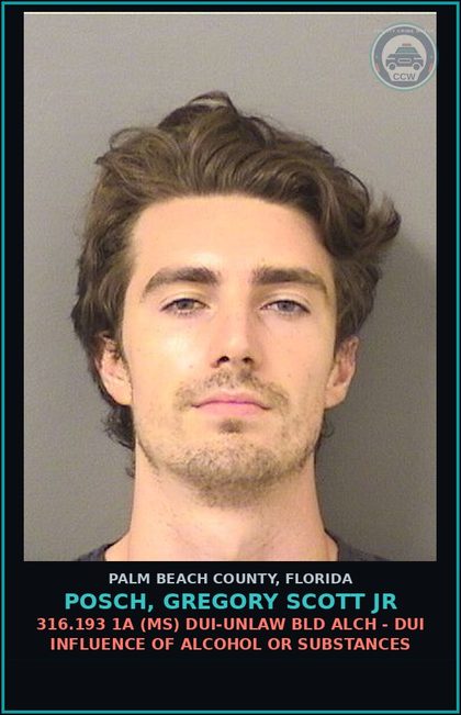 CCW arrest card for POSCH, GREGORY SCOTT Jr in Palm Beach County: 316.193 1A (MS) DUI-UNLAW BLD ALCH - DUI INFLUENCE OF ALCOHOL OR DRUGS