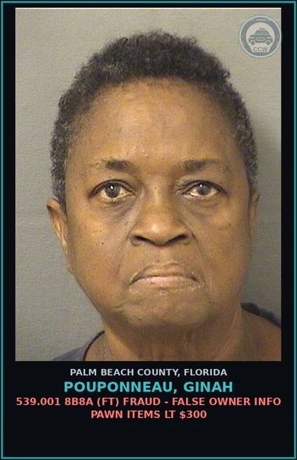 CCW arrest card for POUPONNEAU, GINAH in Palm Beach County: 812.019 1 (FS) STOLEN PROP-DEAL IN - DEALING TRAFFIC STOLEN PROPERTY