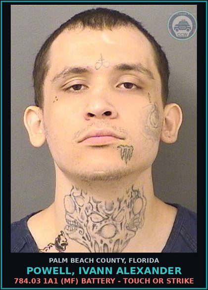CCW arrest card for POWELL, IVANN ALEXANDER in Palm Beach County: 784.03 1A1 (MF) BATTERY - TOUCH OR STRIKE