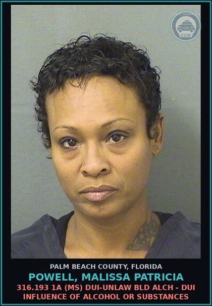 CCW arrest card for POWELL, MALISSA PATRICIA in Palm Beach County: 316.193 1A (MS) DUI-UNLAW BLD ALCH - DUI INFLUENCE OF ALCOHOL OR DRUGS