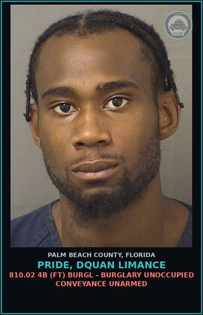 CCW arrest card for PRIDE, DQUAN LIMANCE in Palm Beach County: 843.15 1A (FT) FAILURE TO APPEAR -