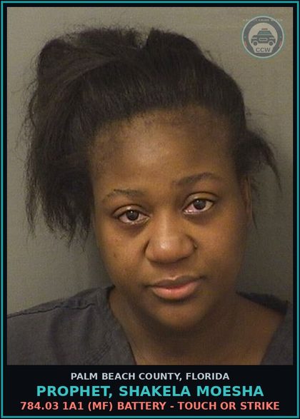 CCW arrest card for PROPHET, SHAKELA MOESHA in Palm Beach County: 784.03 1A1 (MF) BATTERY - TOUCH OR STRIKE