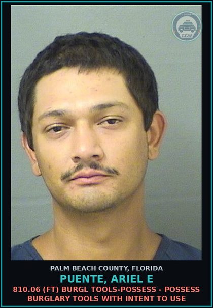 CCW arrest card for PUENTE, ARIEL E in Palm Beach County: 810.06 (FT) BURGL TOOLS-POSSESS - POSSESS BURGLARY TOOLS WITH INTENT TO USE