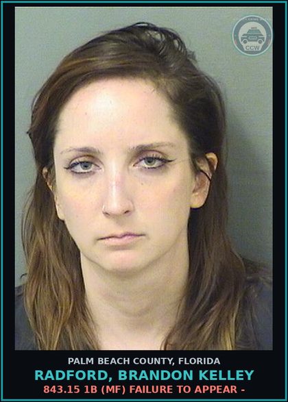 CCW arrest card for RADFORD, BRANDON KELLEY in Palm Beach County: 843.15 1B (MF) FAILURE TO APPEAR -