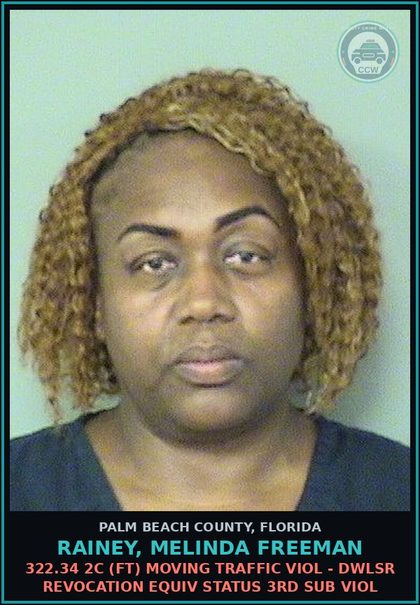 CCW arrest card for RAINEY, MELINDA FREEMAN in Palm Beach County: 322.34 2C (FT) MOVING TRAFFIC VIOL - DWLSR REVOCATION EQUIV STATUS 3RD SUB VIOL