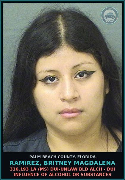 CCW arrest card for RAMIREZ, BRITNEY MAGDALENA in Palm Beach County: 322.03 1 (MS) MOVING TRAFFIC VIOL - OPERATE MOTOR VEHICLE W/O VALID LIC 1ST CONV