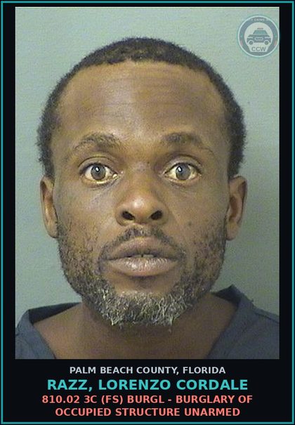 CCW arrest card for RAZZ, LORENZO CORDALE in Palm Beach County: 810.02 3C (FS) BURGL - BURGLARY OF OCCUPIED STRUCTURE UNARMED