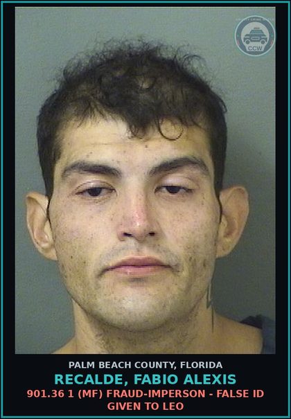 CCW arrest card for RECALDE, FABIO ALEXIS in Palm Beach County: 843.15 1A (FT) FAILURE TO APPEAR -