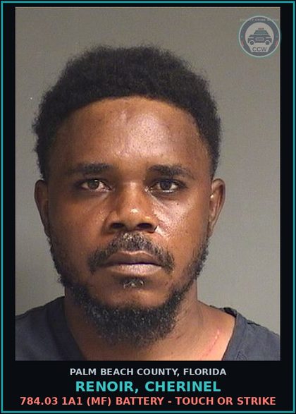 CCW arrest card for RENOIR, CHERINEL in Palm Beach County: 784.03 1A1 (MF) BATTERY - TOUCH OR STRIKE