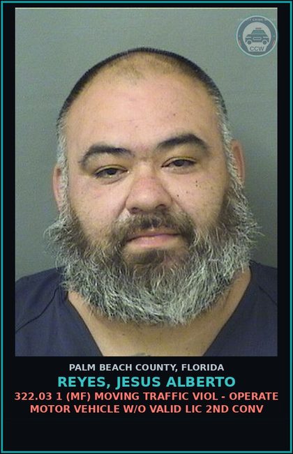 CCW arrest card for REYES, JESUS ALBERTO in Palm Beach County: 316.193 1A (MS) DUI-UNLAW BLD ALCH - DUI INFLUENCE OF ALCOHOL OR DRUGS