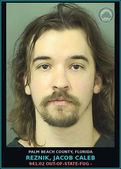 CCW arrest card for REZNIK, JACOB CALEB in Palm Beach County: 941.02 OUT-OF-STATE-FUG -