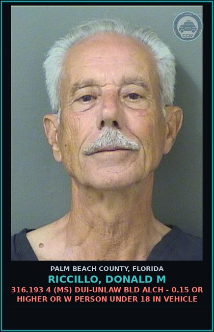 CCW arrest card for RICCILLO, DONALD M in Palm Beach County: 316.193 4 (MS) DUI-UNLAW BLD ALCH - 0.15 OR HIGHER OR W PERSON UNDER 18 IN VEHICLE