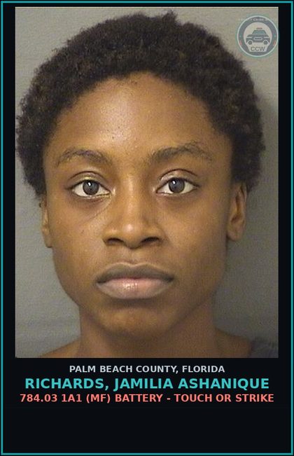 CCW arrest card for RICHARDS, JAMILIA ASHANIQUE in Palm Beach County: 784.03 1A1 (MF) BATTERY - TOUCH OR STRIKE