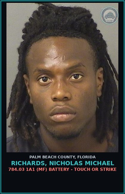 CCW arrest card for RICHARDS, NICHOLAS MICHAEL in Palm Beach County: 784.03 1A1 (MF) BATTERY - TOUCH OR STRIKE