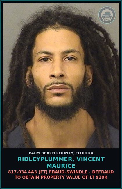 CCW arrest card for RIDLEYPLUMMER, VINCENT MAURICE in Palm Beach County: 812.014 3A (MS) LARC - OTHER THEFT