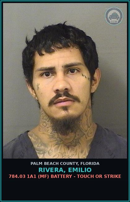 CCW arrest card for RIVERA, EMILIO in Palm Beach County: 784.03 1A1 (MF) BATTERY - TOUCH OR STRIKE