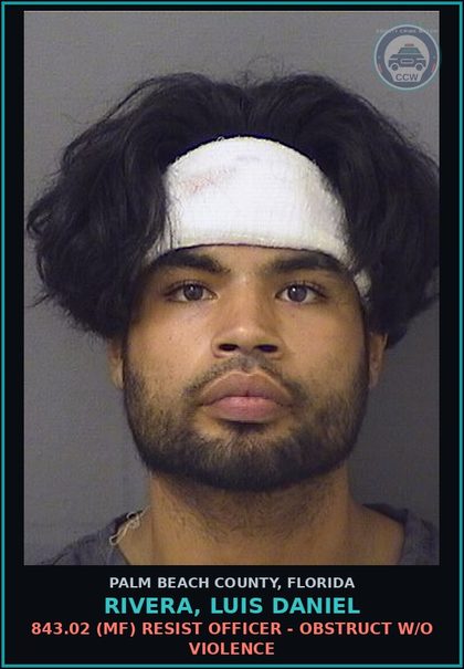 CCW arrest card for RIVERA, LUIS DANIEL in Palm Beach County: 843.02 (MF) RESIST OFFICER - OBSTRUCT W/O VIOLENCE
