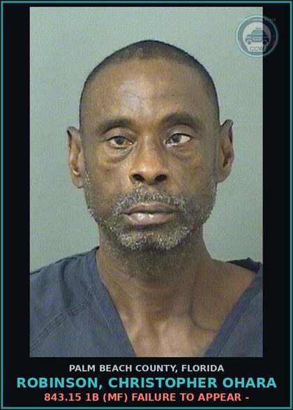 CCW arrest card for ROBINSON, CHRISTOPHER OHARA in Palm Beach County: 843.15 1B (MF) FAILURE TO APPEAR -