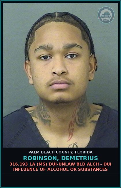 CCW arrest card for ROBINSON, DEMETRIUS in Palm Beach County: 316.193 1A (MS) DUI-UNLAW BLD ALCH - DUI INFLUENCE OF ALCOHOL OR DRUGS