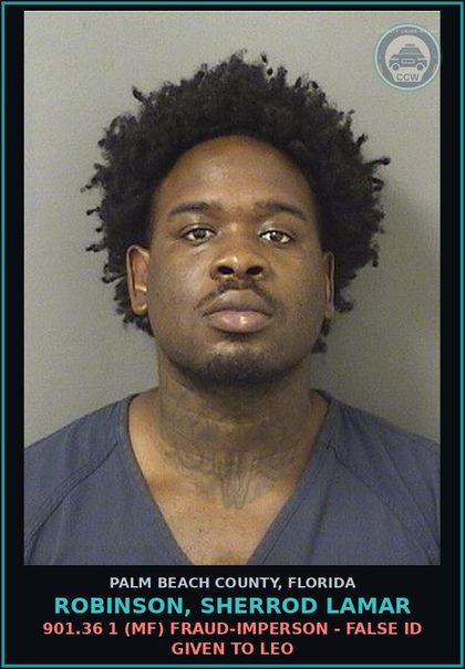 CCW arrest card for ROBINSON, SHERROD LAMAR in Palm Beach County: 901.36 1 (MF) FRAUD-IMPERSON - FALSE ID GIVEN TO LEO