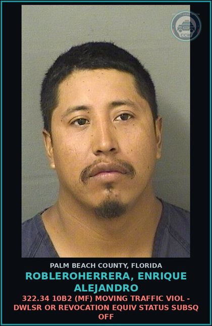 CCW arrest card for ROBLEROHERRERA, ENRIQUE ALEJANDRO in Palm Beach County: 322.34 10B2 (MF) MOVING TRAFFIC VIOL - DWLSR OR REVOCATION EQUIV STATUS SUBSQ OFF