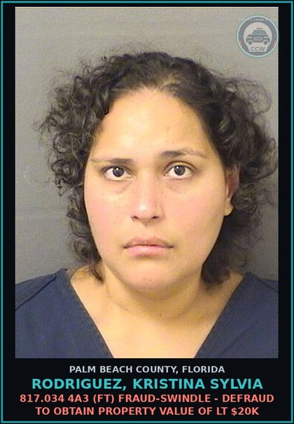 CCW arrest card for RODRIGUEZ, KRISTINA SYLVIA in Palm Beach County: 817.034 4A3 (FT) FRAUD-SWINDLE - DEFRAUD TO OBTAIN PROPERTY VALUE OF LT $20K