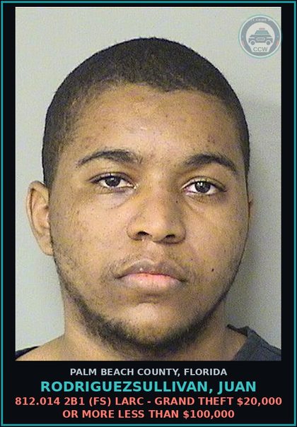 CCW arrest card for RODRIGUEZSULLIVAN, JUAN in Palm Beach County: 812.014 2B1 (FS) LARC - GRAND THEFT $20,000 OR MORE LESS THAN $100,000