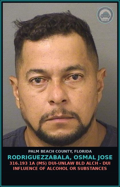 CCW arrest card for RODRIGUEZZABALA, OSMAL JOSE in Palm Beach County: 316.193 1A (MS) DUI-UNLAW BLD ALCH - DUI INFLUENCE OF ALCOHOL OR DRUGS