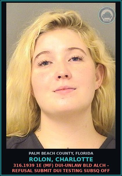 CCW arrest card for ROLON, CHARLOTTE in Palm Beach County: 316.193 1A (MS) DUI-UNLAW BLD ALCH - DUI INFLUENCE OF ALCOHOL OR DRUGS