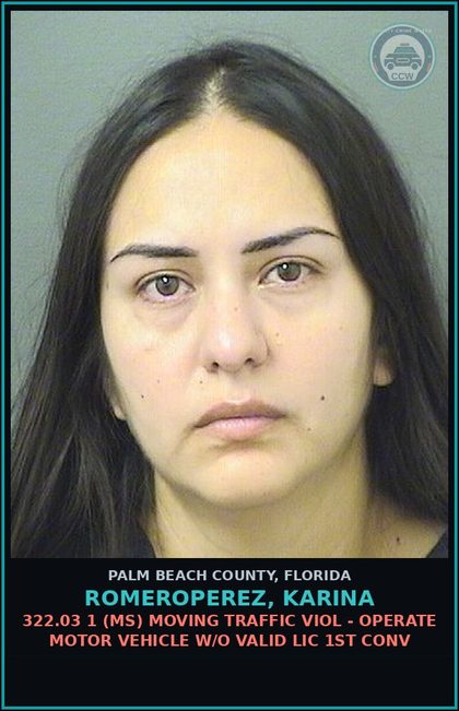 CCW arrest card for ROMEROPEREZ, KARINA in Palm Beach County: 322.03 1 (MS) MOVING TRAFFIC VIOL - OPERATE MOTOR VEHICLE W/O VALID LIC 1ST CONV