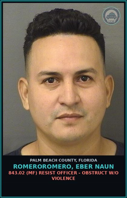 CCW arrest card for ROMEROROMERO, EBER NAUN in Palm Beach County: 843.02 (MF) RESIST OFFICER - OBSTRUCT W/O VIOLENCE