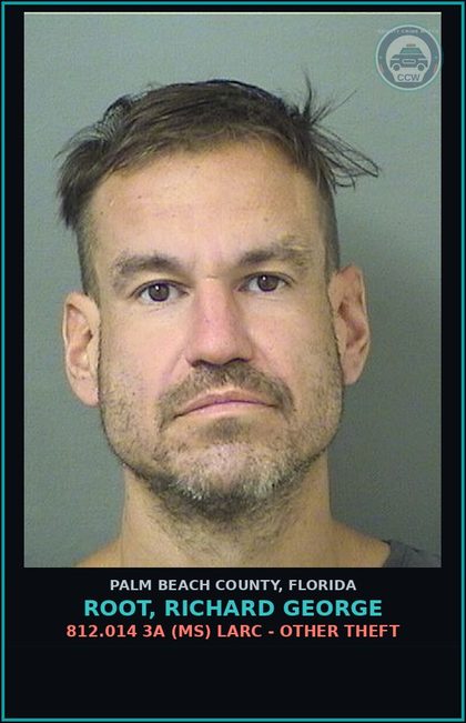 CCW arrest card for ROOT, RICHARD GEORGE in Palm Beach County: 812.014 3A (MS) LARC - OTHER THEFT