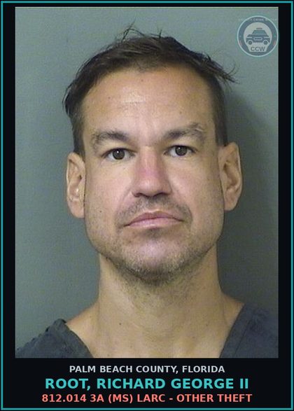 CCW arrest card for ROOT, RICHARD GEORGE II in Palm Beach County: 812.014 3A (MS) LARC - OTHER THEFT