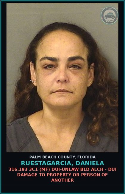 CCW arrest card for RUESTAGARCIA, DANIELA in Palm Beach County: 316.193 3C1 (MF) DUI-UNLAW BLD ALCH - DUI DAMAGE TO PROPERTY OR PERSON OF ANOTHER