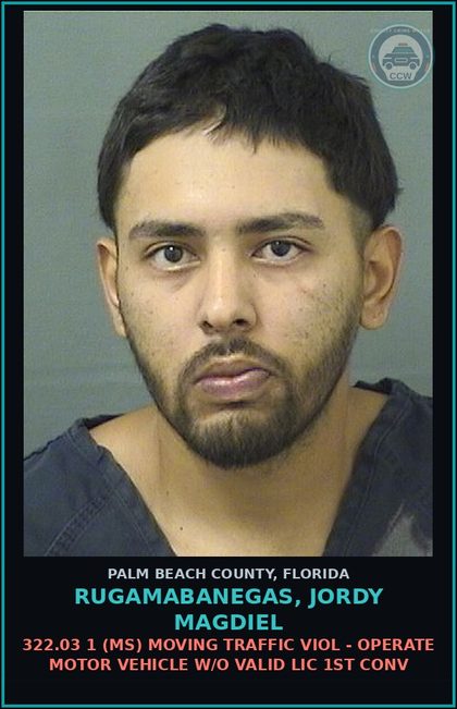CCW arrest card for RUGAMABANEGAS, JORDY MAGDIEL in Palm Beach County: 322.03 1 (MS) MOVING TRAFFIC VIOL - OPERATE MOTOR VEHICLE W/O VALID LIC 1ST CONV