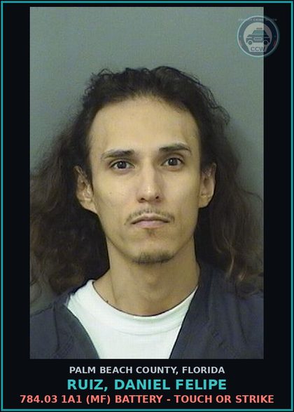 CCW arrest card for RUIZ, DANIEL FELIPE in Palm Beach County: 784.03 1A1 (MF) BATTERY - TOUCH OR STRIKE