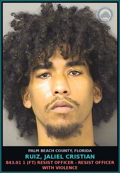 CCW arrest card for RUIZ, JALIEL CRISTIAN in Palm Beach County: 843.01 1 (FT) RESIST OFFICER - RESIST OFFICER WITH VIOLENCE