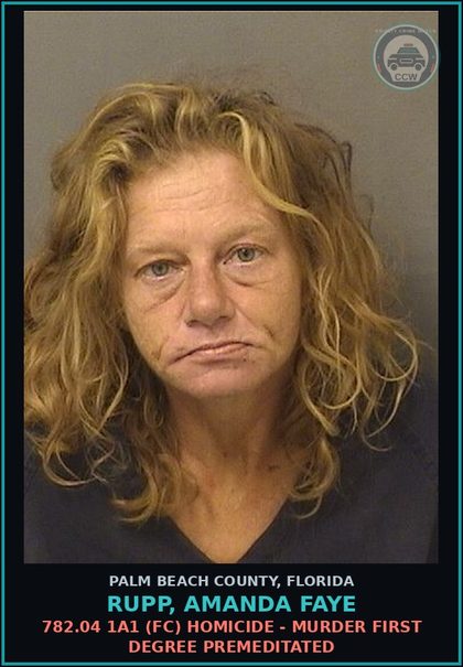 CCW arrest card for RUPP, AMANDA FAYE in Palm Beach County: 782.04 1A1 (FC) HOMICIDE - MURDER FIRST DEGREE PREMEDITATED