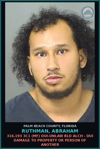 CCW arrest card for RUTHMAN, ABRAHAM in Palm Beach County: 316.193 3C1 (MF) DUI-UNLAW BLD ALCH - DUI DAMAGE TO PROPERTY OR PERSON OF ANOTHER