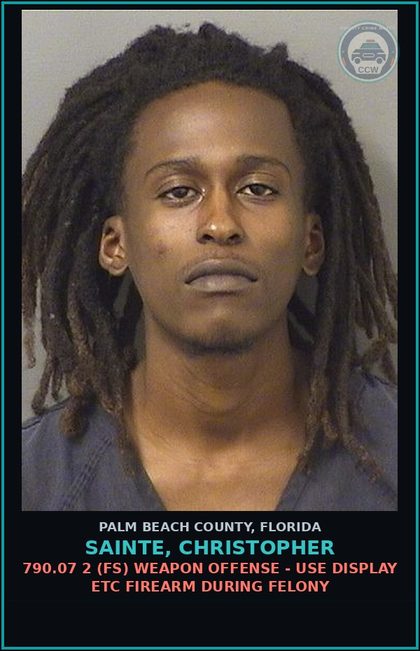 CCW arrest card for SAINTE, CHRISTOPHER in Palm Beach County: 316.192 1A (MS) MOVING TRAFFIC VIOL - RECKLESS DRIVING 1ST OFF