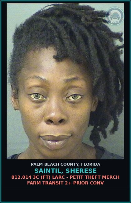 CCW arrest card for SAINTIL, SHERESE in Palm Beach County: 812.014 3C (FT) LARC - PETIT THEFT MERCH FARM TRANSIT 2+ PRIOR CONV