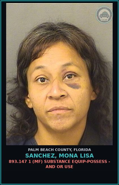 CCW arrest card for SANCHEZ, MONA LISA in Palm Beach County: 893.147 1 (MF) DRUG EQUIP-POSSESS - AND OR USE