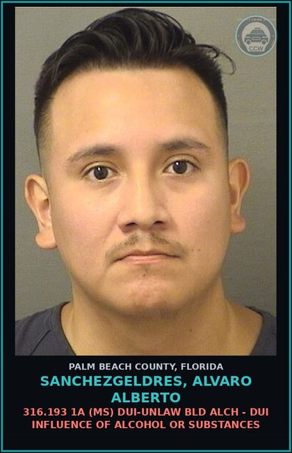 CCW arrest card for SANCHEZGELDRES, ALVARO ALBERTO in Palm Beach County: 316.193 1A (MS) DUI-UNLAW BLD ALCH - DUI INFLUENCE OF ALCOHOL OR DRUGS