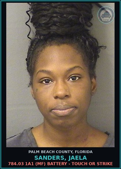 CCW arrest card for SANDERS, JAELA in Palm Beach County: 784.03 1A1 (MF) BATTERY - TOUCH OR STRIKE