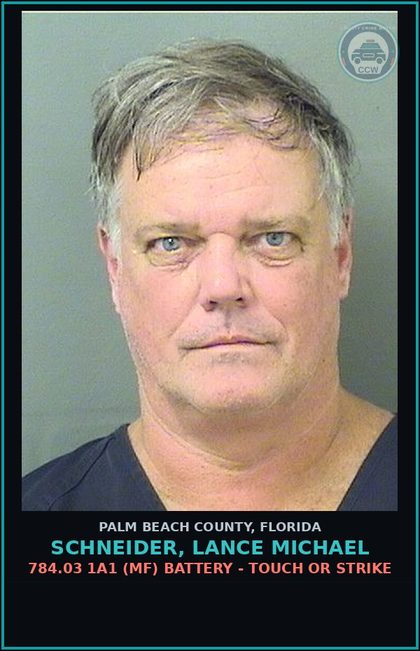 CCW arrest card for SCHNEIDER, LANCE MICHAEL in Palm Beach County: 784.03 1A1 (MF) BATTERY - TOUCH OR STRIKE
