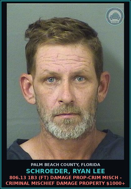 CCW arrest card for SCHROEDER, RYAN LEE in Palm Beach County: 806.13 1B3 (FT) DAMAGE PROP-CRIM MISCH - CRIMINAL MISCHIEF DAMAGE PROPERTY $1000+
