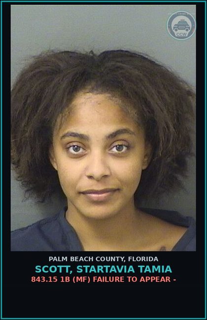 CCW arrest card for SCOTT, STARTAVIA TAMIA in Palm Beach County: 843.15 1B (MF) FAILURE TO APPEAR -