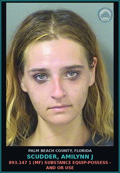 CCW arrest card for SCUDDER, AMILYNN J in Palm Beach County: 893.147 1 (MF) DRUG EQUIP-POSSESS - AND OR USE