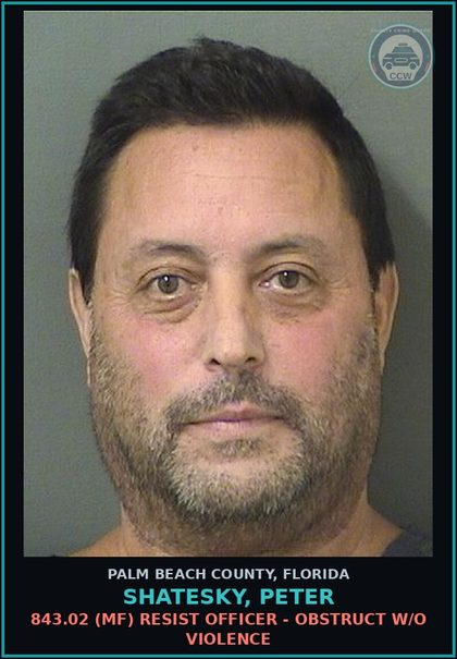 CCW arrest card for SHATESKY, PETER in Palm Beach County: 806.13 1B3 (FT) DAMAGE PROP-CRIM MISCH - CRIMINAL MISCHIEF DAMAGE PROPERTY $1000+